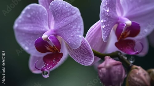 A close-up of purple orchids with raindrops sliding down the petals.