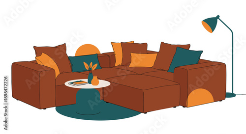 Cozy living room corner with a sectional sofa a side table and a floor lamp creating a warm and inviting atmosphere for relaxation