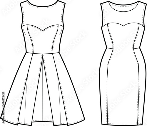 Fashion design flat sketches of two sleeveless dresses one flared and one fitted drawing