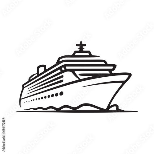 Stylized Cruise Ship Illustration of a Large Ocean Liner Traveling on the Water in Black and White