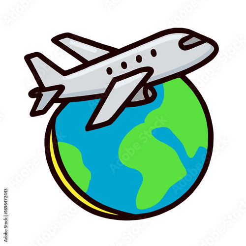 A cartoon airplane flying around the globe, symbolizing international travel, tourism, and worldwide aviation