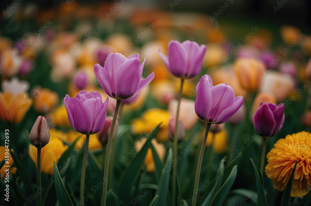 Fototapeta premium Vibrant violet tulips blooming in a lush garden during spring