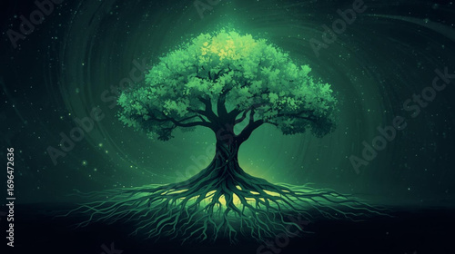 A majestic tree of life with luminous green leaves and glowing roots set against a cosmic, starry nebula background