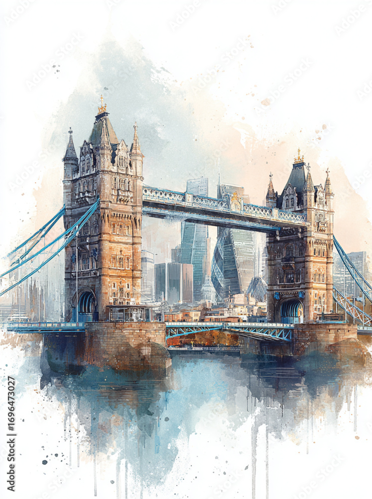 Fototapeta premium elegant watercolor painting of the iconic Tower Bridge spanning the River Thames, the historic Tower of London and the modern skyscrapers of the City of London skyline in the background.