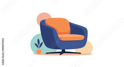 Modern swivel armchair with plush orange cushion and abstract background decor