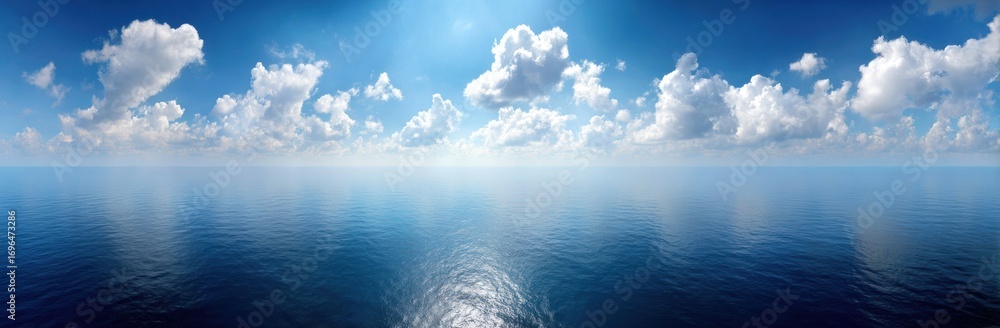 Obraz premium Wide, serene shot of a glassy, dark-blue ocean reflecting the sunny, cloud-filled sky. Sun glare reflects on the water's surface