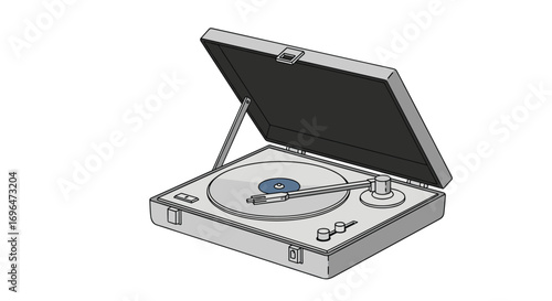 Retro turntable with lid open showing spinning vinyl record and stylus playing music