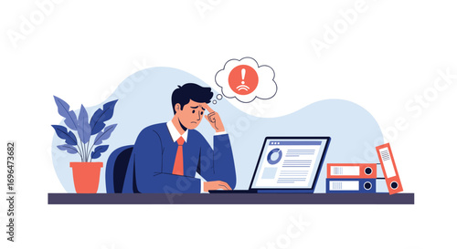 Business man feeling stressed and overwhelmed at his desk with laptop and documents