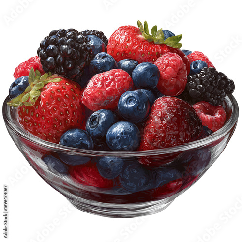 Mixed Fresh Berries in Glass Bowl Isolated on Transparent Background