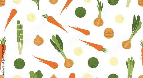 A vibrant pattern of fresh vegetables featuring carrots onions asparagus peas and garlic for healthy eating