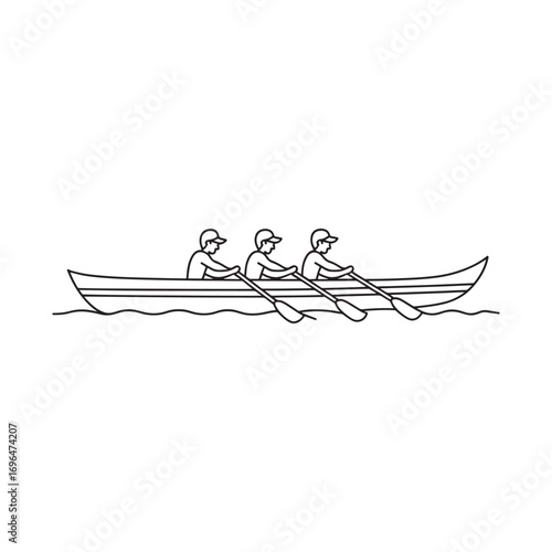 Rowing Team Illustration A Minimalist Black and White Depiction of Synchronized Athletes in a Boat on Wavy Water