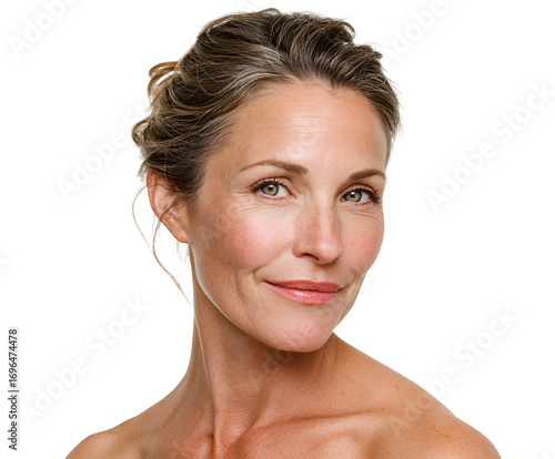 Elegant middle aged woman close up portrait gazing with grace natural beauty and confidence skin texture and realistic complexion with sophisticated updo hairstyle subtle makeup