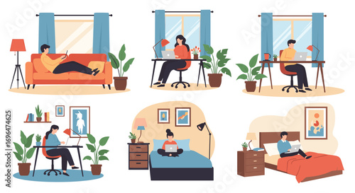 People working remotely from home in various comfortable positions and locations