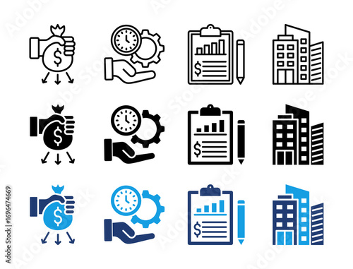 Business Management and Efficiency Icon Set. Containing Liability, Time Management, Financial Report, and Company Icons Collection.