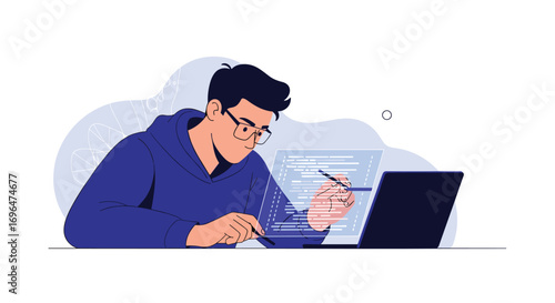 Young programmer focused on coding on a laptop with holographic code projection in a modern office setting