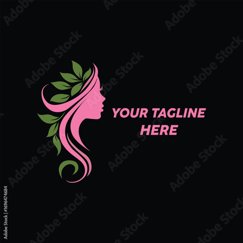 Elegant Beauty Salon Logo with Female Profile, Leaf Hair, and Placeholder Tagline on Black Background