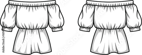 Front and back view of a white off-the-shoulder puff sleeve romper jumpsuit garment