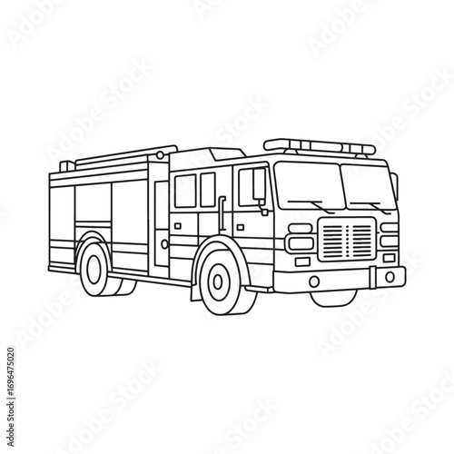 Detailed Line Art Depiction of a Firetruck Emergency Vehicle Illustration for Coloring Books and Educational Materials for Children