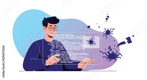 Illustrative depiction of a software engineer debugging code and eradicating bugs from the system
