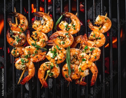 Grilled shrimp skewers on a hot grill with burning coals