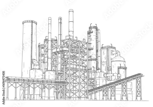 Industrial Factory or Chemical Plant Line Art