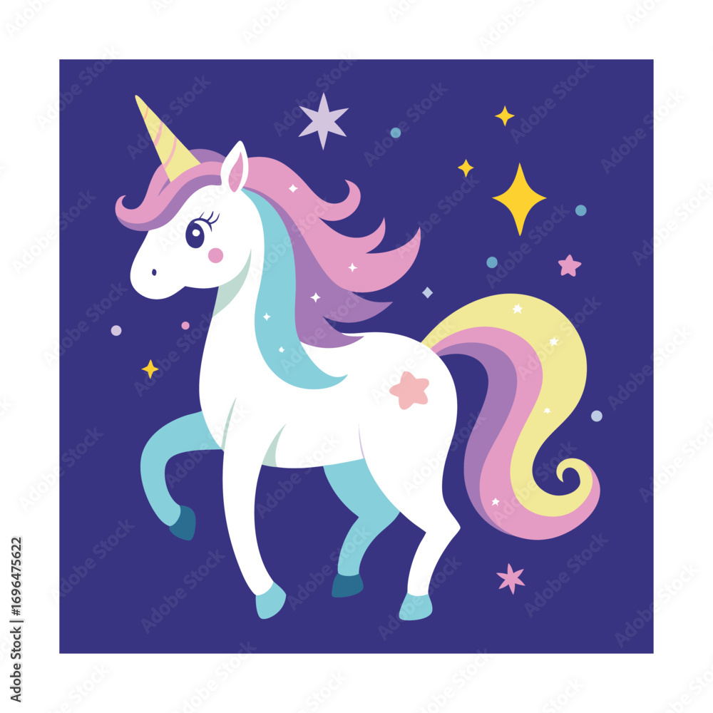 Fototapeta premium White Unicorn with Pastel Mane and Tail on Dark Blue Background