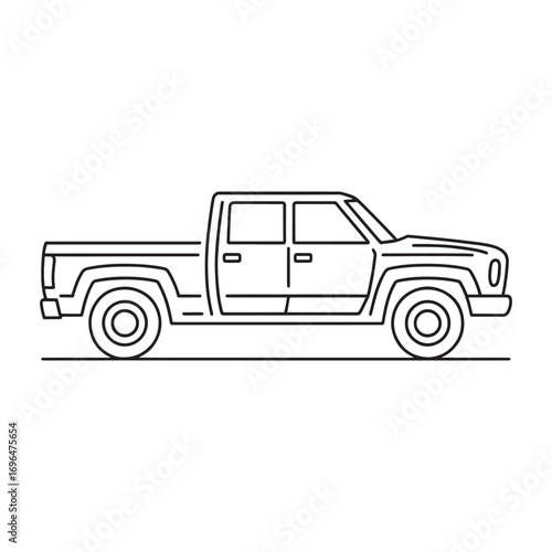 Line Art Depiction of a Pickup Truck Black and White Automotive Illustration with Vehicle Components and Transportation Theme