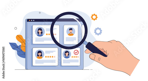 Searching for the perfect candidate through online profiles and reviews with a magnifying glass hovering over the screen