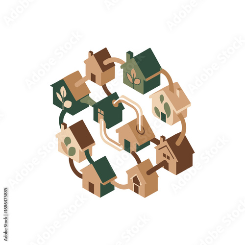 Isometric Community Living App Icon in Earthy Tones