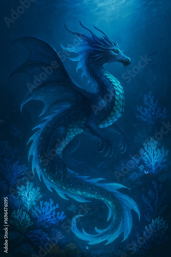 A luminous underwater dragon glides through glowing coral reefs, its bioluminescent scales casting a soft blue light across the ocean depths. This surreal fantasy artwork blends elegance and mystery, 