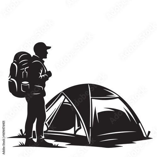 Outdoor Camping Silhouette with Hiker and Tent