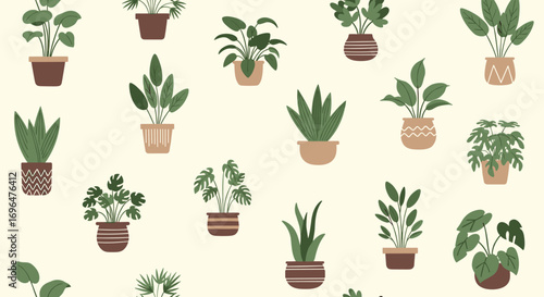 A whimsical collection of pixelated potted plants adorning a creamy background surface