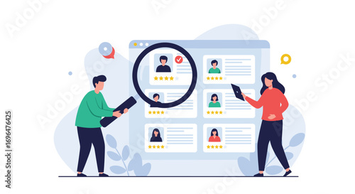 Recruitment process with a magnifying glass reviewing candidate profiles on a computer screen selecting the best match for a job opening