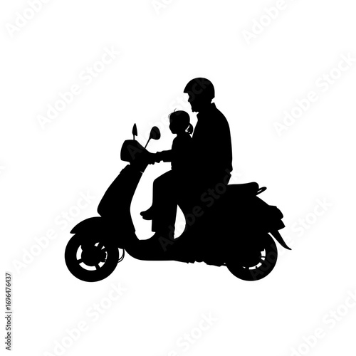 Father and child riding scooter silhouette isolated on white background
