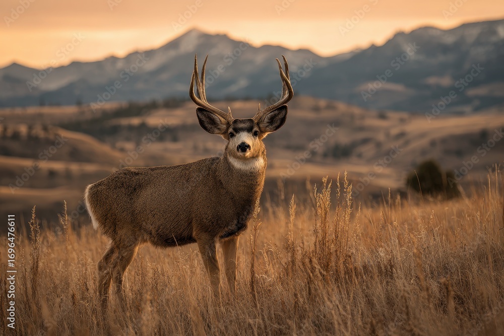 Obraz premium Montana Deer Trophy with Majestic Antlers in Golden Hour Light