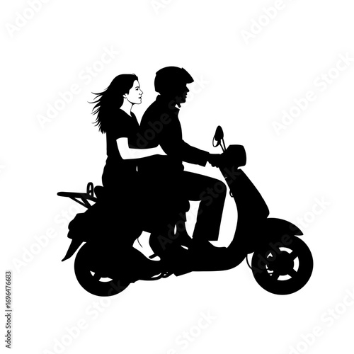 Couple riding a scooter silhouette isolated on white background