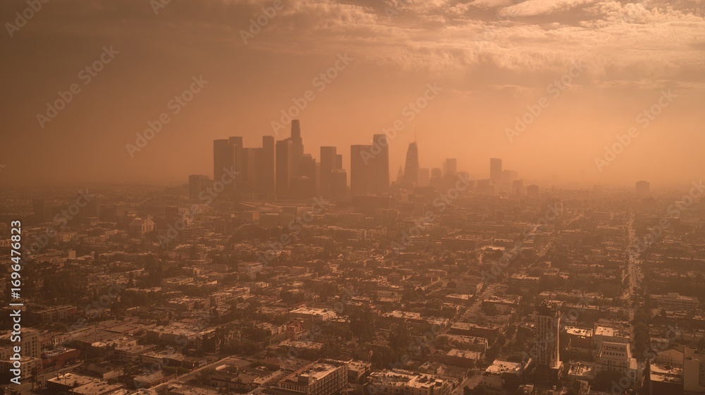 Fototapeta premium Urban Skyline Shrouded in Morning Fog, Presenting Hazy and Dreamy City Landscape, Suitable for Urban Scenery, Natural Meteorology Scenarios