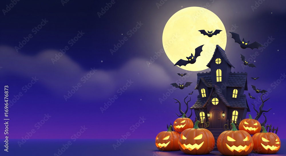 Fototapeta premium Cartoon Haunted House with Pumpkins, Bats, and Full Moon