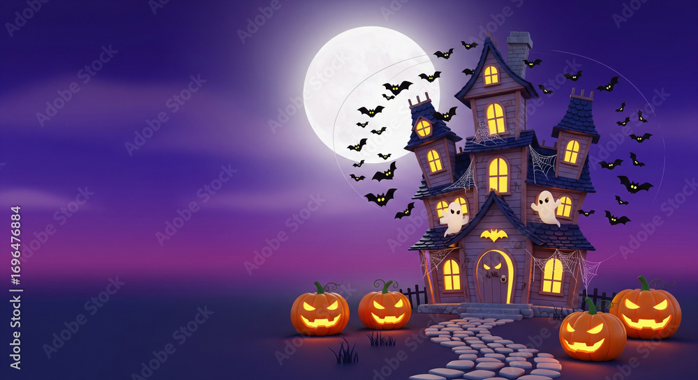 Fototapeta premium Cartoon Haunted House with Pumpkins, Bats, and Full Moon
