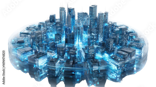 Digital Metropolis: An ethereal, glowing metropolis is presented as a vision of technological progress, highlighting the seamless integration of technology and urban design.