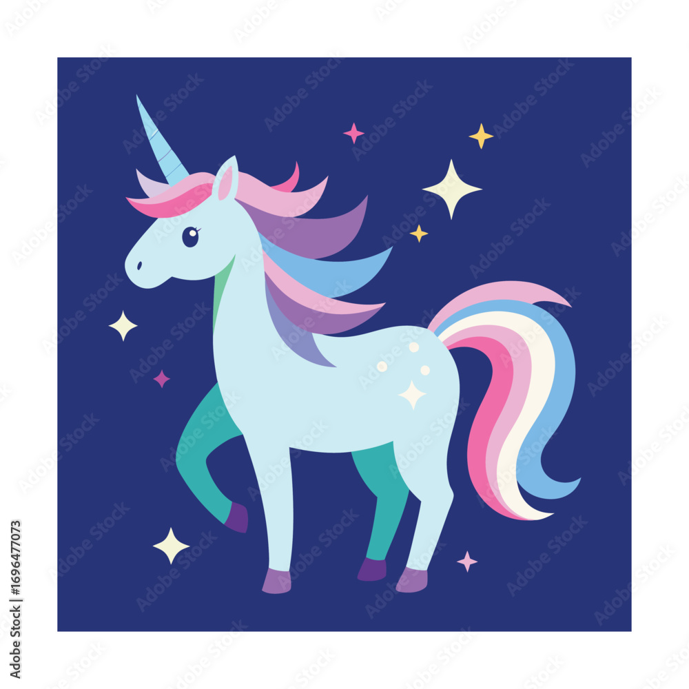 Fototapeta premium Cute cartoon unicorn with rainbow mane and tail on dark blue background