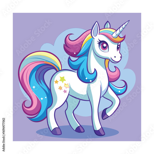 Cute cartoon unicorn with rainbow mane and tail on purple background