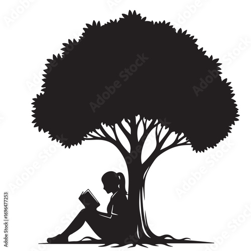 Silhouette of a Woman Reading a Book Under a Large Tree