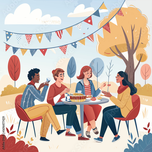 Vector art of a group of friends are enjoying a picnic in the park, celebrating with food, drinks, and decorations under a sunny sky with trees around