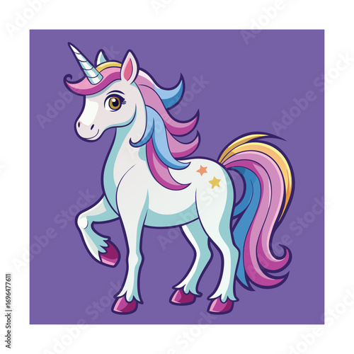 Enchanting cartoon unicorn with pastel mane on lavender background