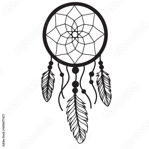 Black and White Dreamcatcher Illustration with Feathers and Beads in Bohemian Style
