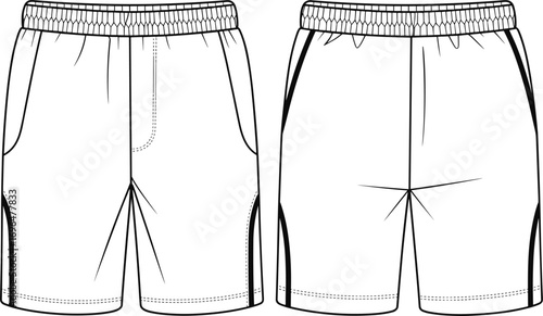 Front and back view of white athletic shorts with elastic waistband and side stripes sportswear activewear