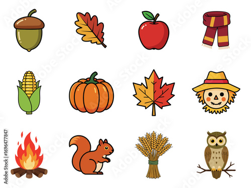 A collection of colorful autumn-themed illustrations featuring various seasonal elements.