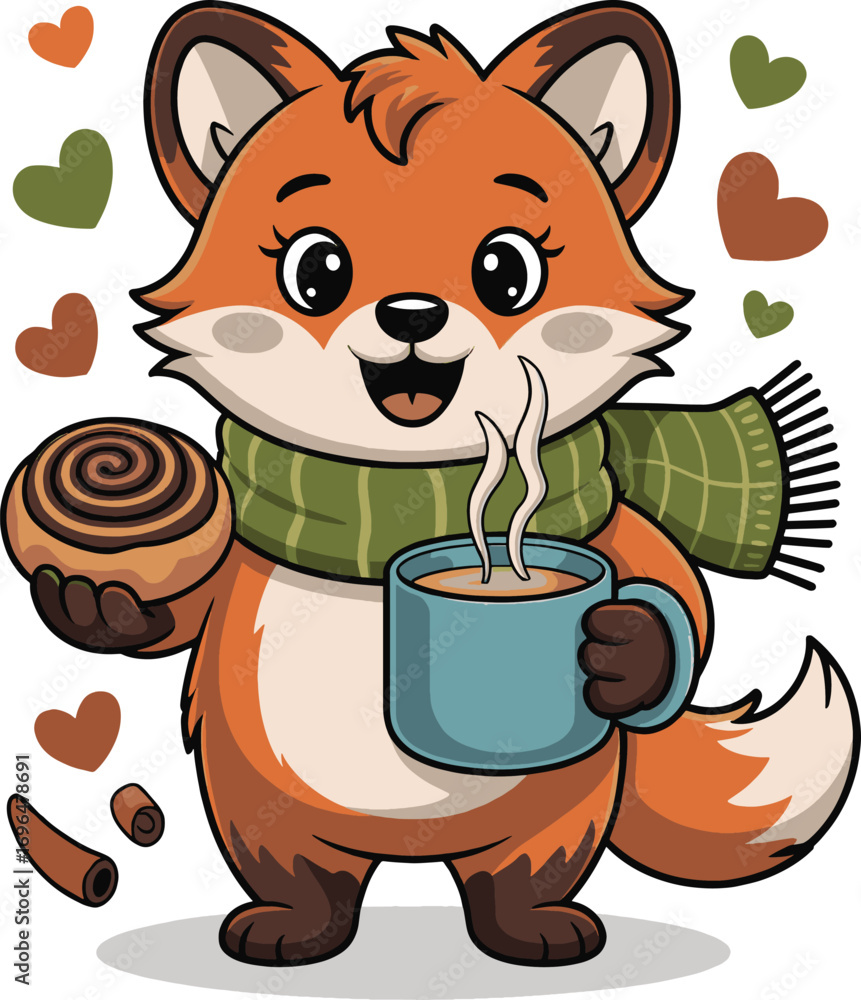Fototapeta premium cartoon fox enjoying a warm drink and cinnamon roll with cozy heart decorations