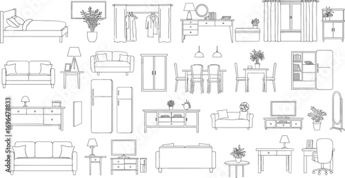Collection of stylish and modern line drawings of home furniture including sofa, bed, dresser, table, wardrobe, kitchen appliance, plant pot, lamp, and office decor